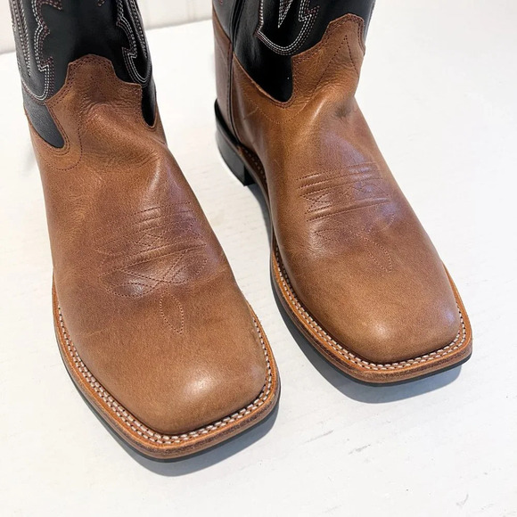 Old West Square Toe Contrast Stitched Leather Western Pull On Cowboy Boots 7 - Picture 8 of 14